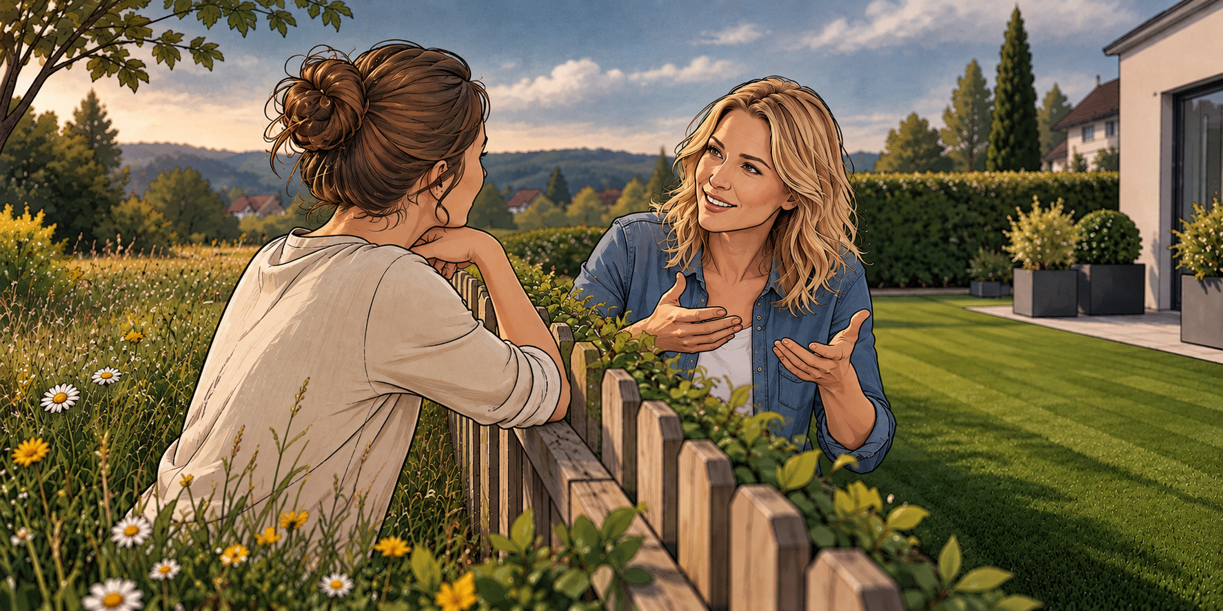 Zwei Frauen unterhalten sich über den Gartenzaun – auf der einen Seite eine wilde Blumenwiese, auf der anderen ein perfekt gemähter Rasen